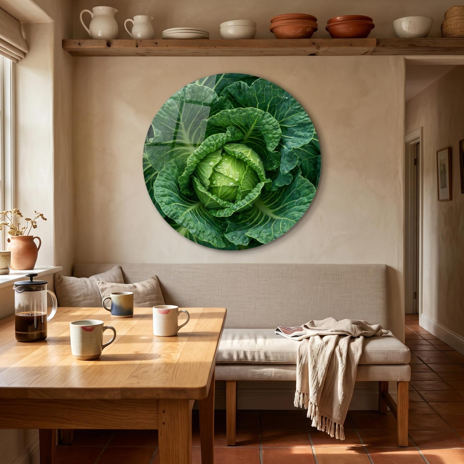 Green Cabbage Botanical Kitchen Round Glass Wall Art