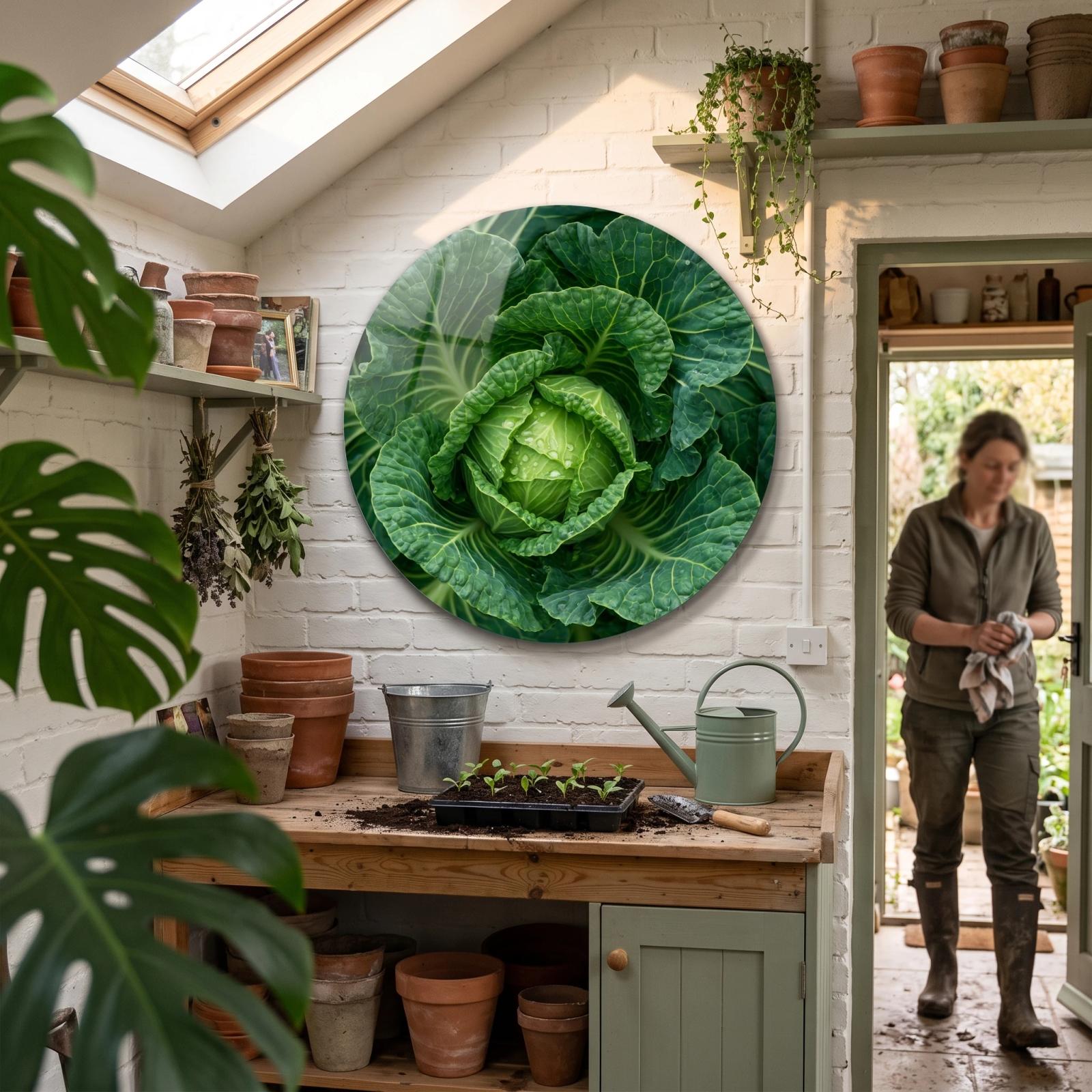 Green Cabbage Botanical Kitchen Round Glass Wall Art — 2