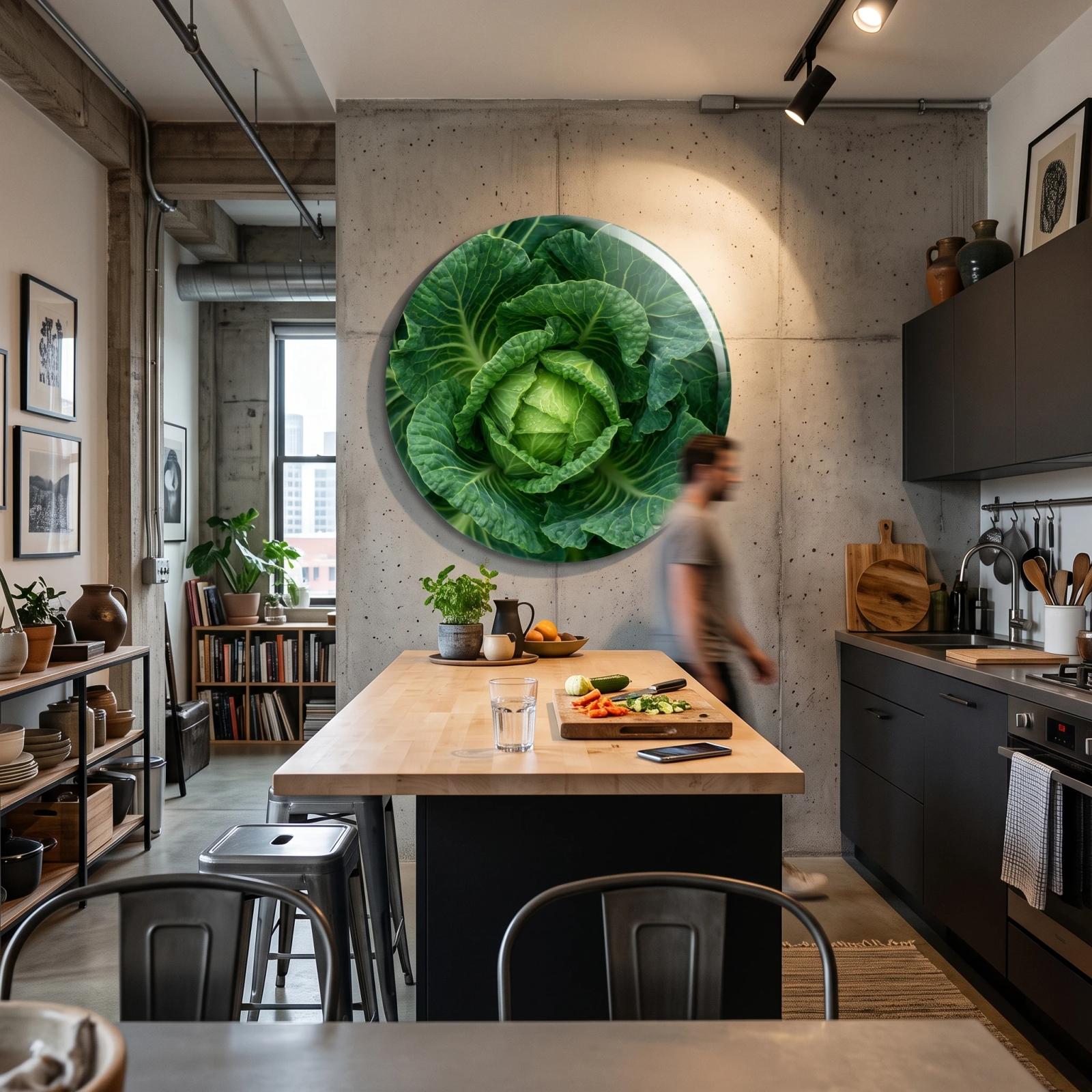 Green Cabbage Botanical Kitchen Round Glass Wall Art — 5