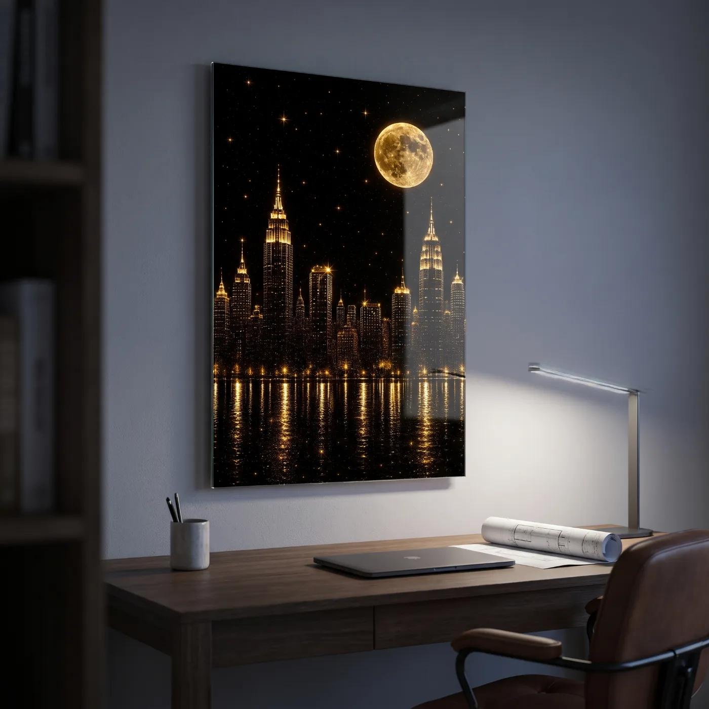 City Skyline Glass Wall Art Golden Moon Night | Glass Wall Art — 2