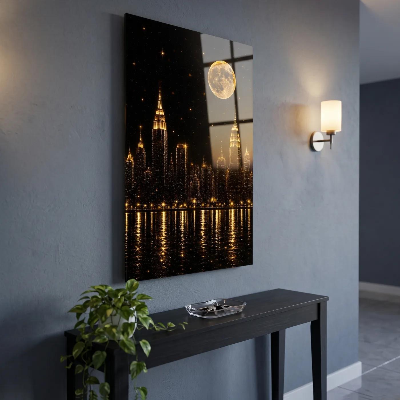 City Skyline Glass Wall Art Golden Moon Night | Glass Wall Art — 3