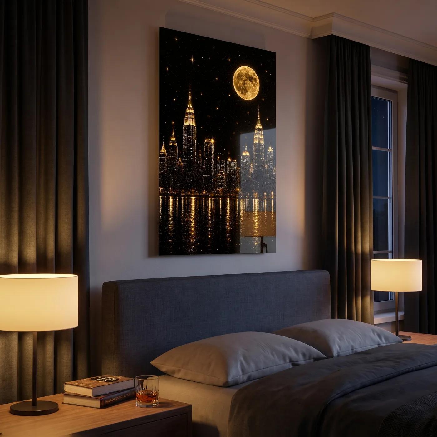 City Skyline Glass Wall Art Golden Moon Night | Glass Wall Art — 4