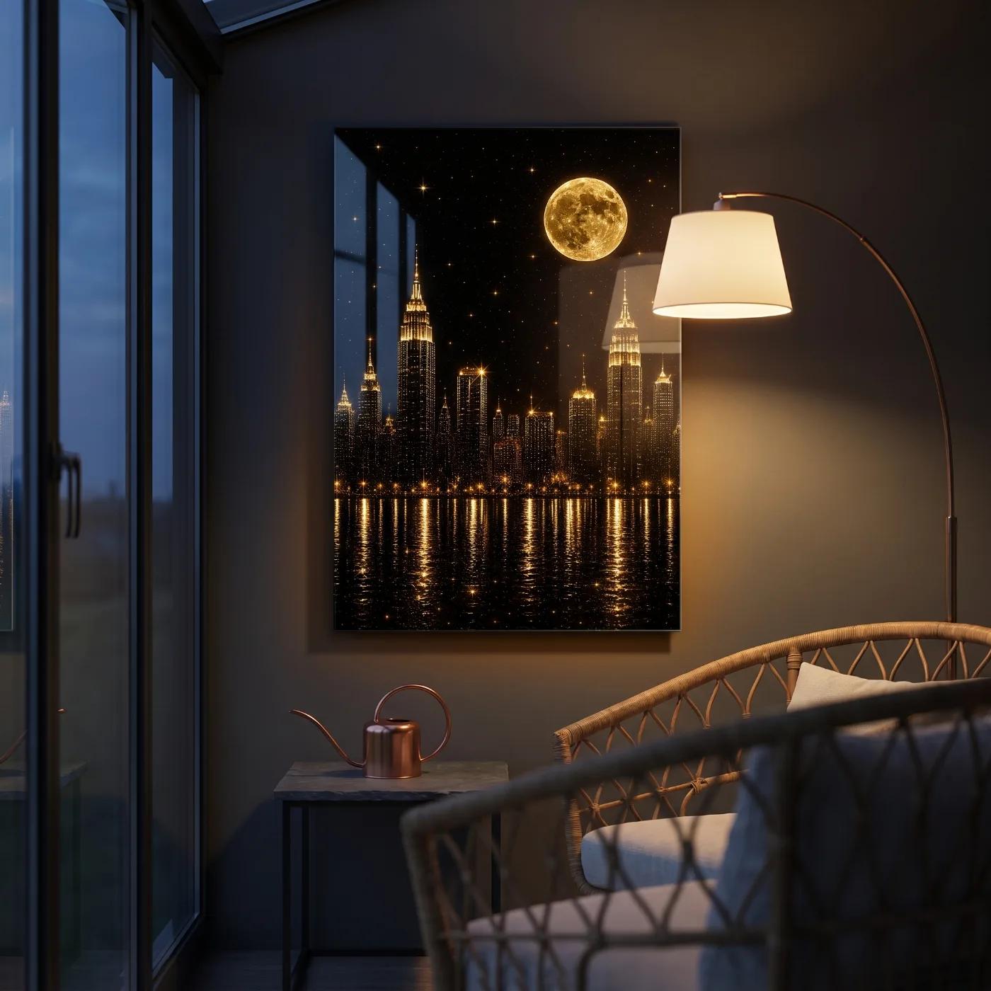 City Skyline Glass Wall Art Golden Moon Night | Glass Wall Art — 5
