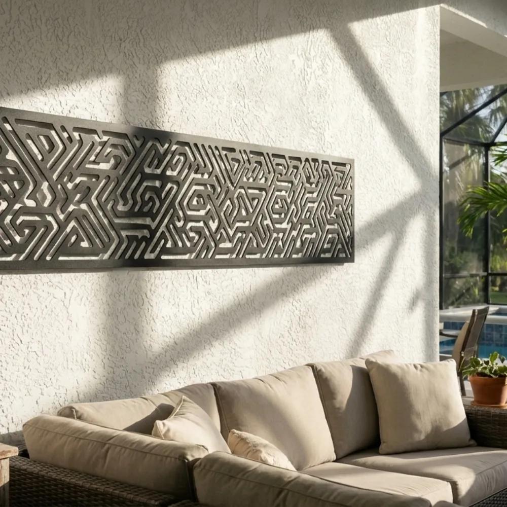 Tribal Geometric Metal Wall Art – Labyrinth Line Panel, Above Bed Decor