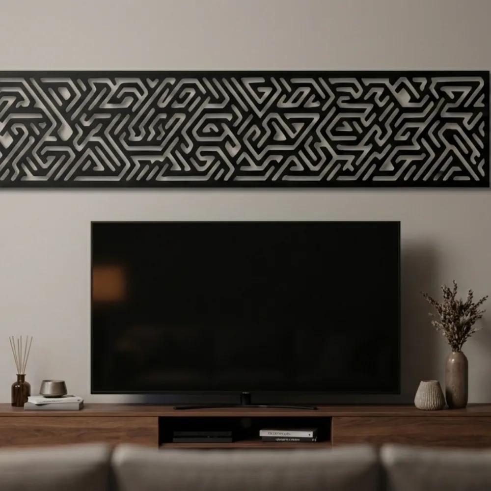 Tribal Geometric Metal Wall Art – Labyrinth Line Panel, Above Bed Decor — 2