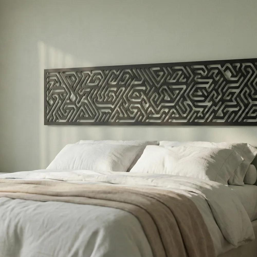Tribal Geometric Metal Wall Art – Labyrinth Line Panel, Above Bed Decor — 3