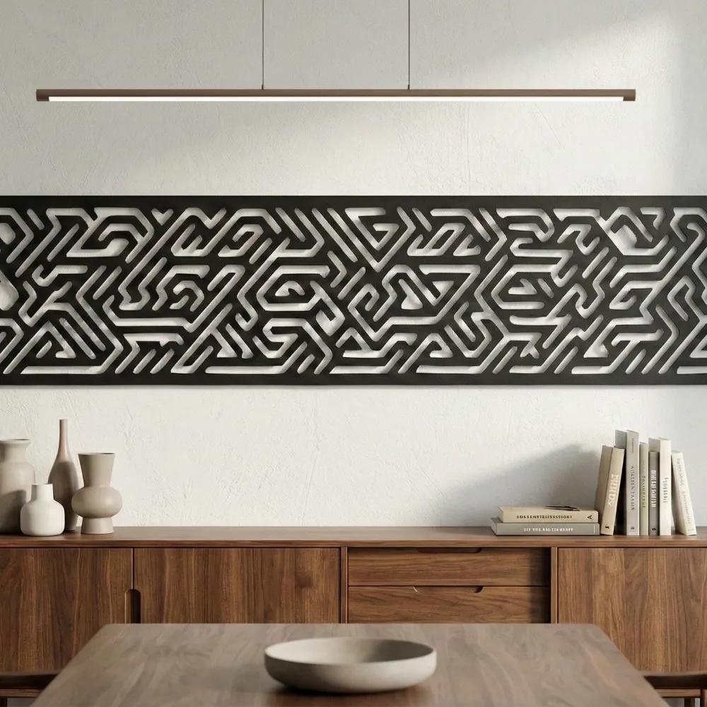 Tribal Geometric Metal Wall Art – Labyrinth Line Panel, Above Bed Decor — 5