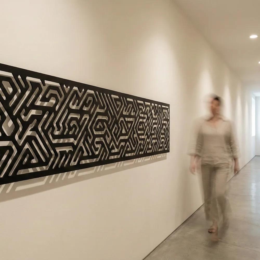 Tribal Geometric Metal Wall Art – Labyrinth Line Panel, Above Bed Decor — 6
