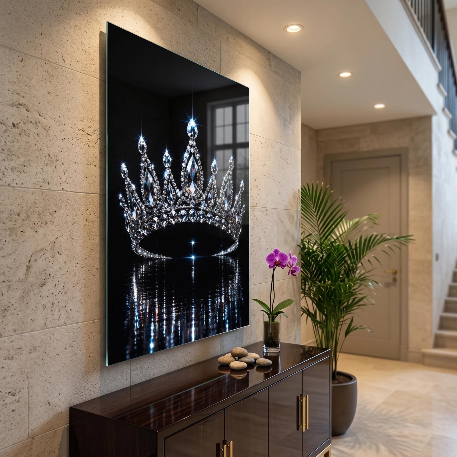 Diamond Crown Glass Wall Art Sparkling Tiara Glass Wall Decor