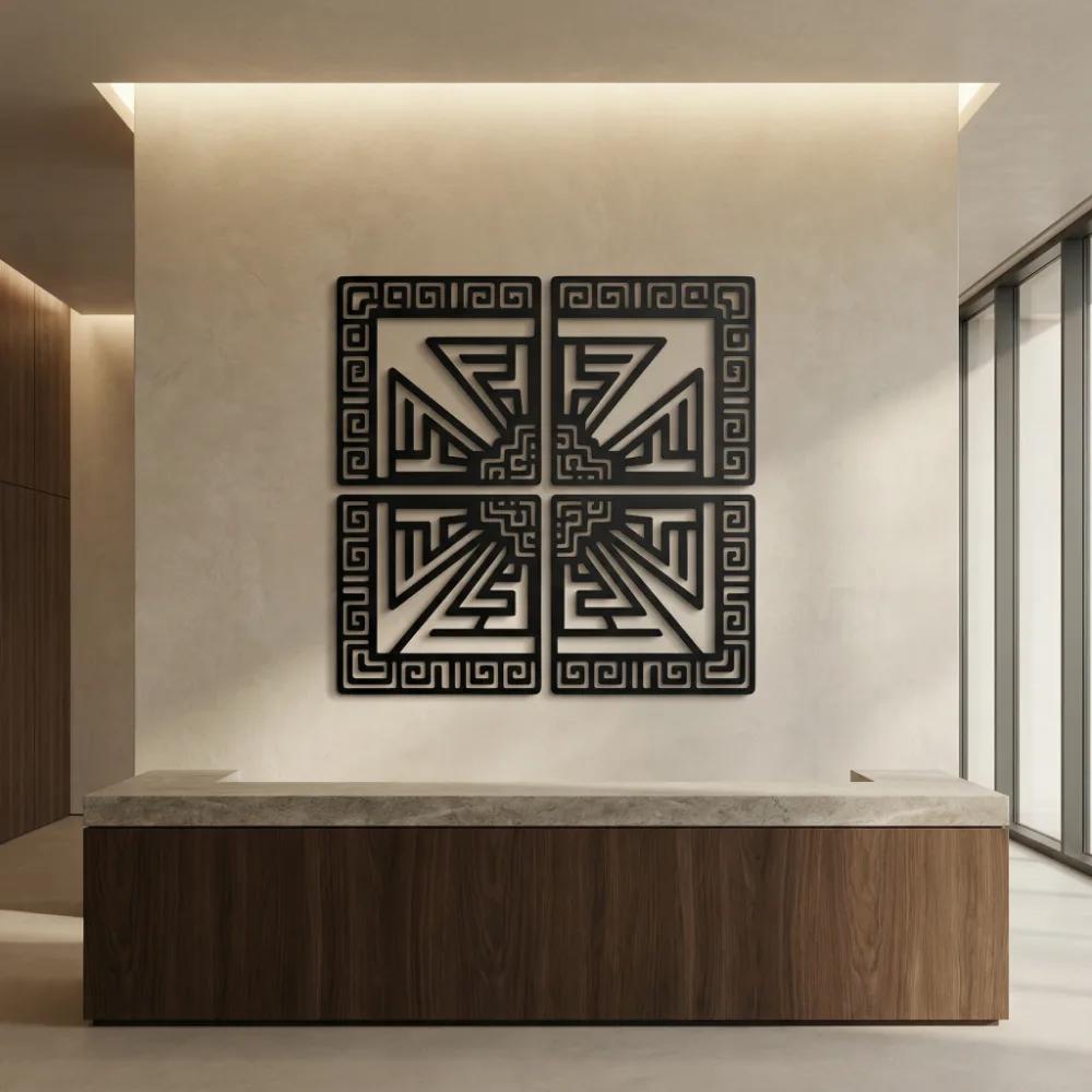 Geometric Metal Wall Art – Aztec Labyrinth, Modern Living Room Decor — 2