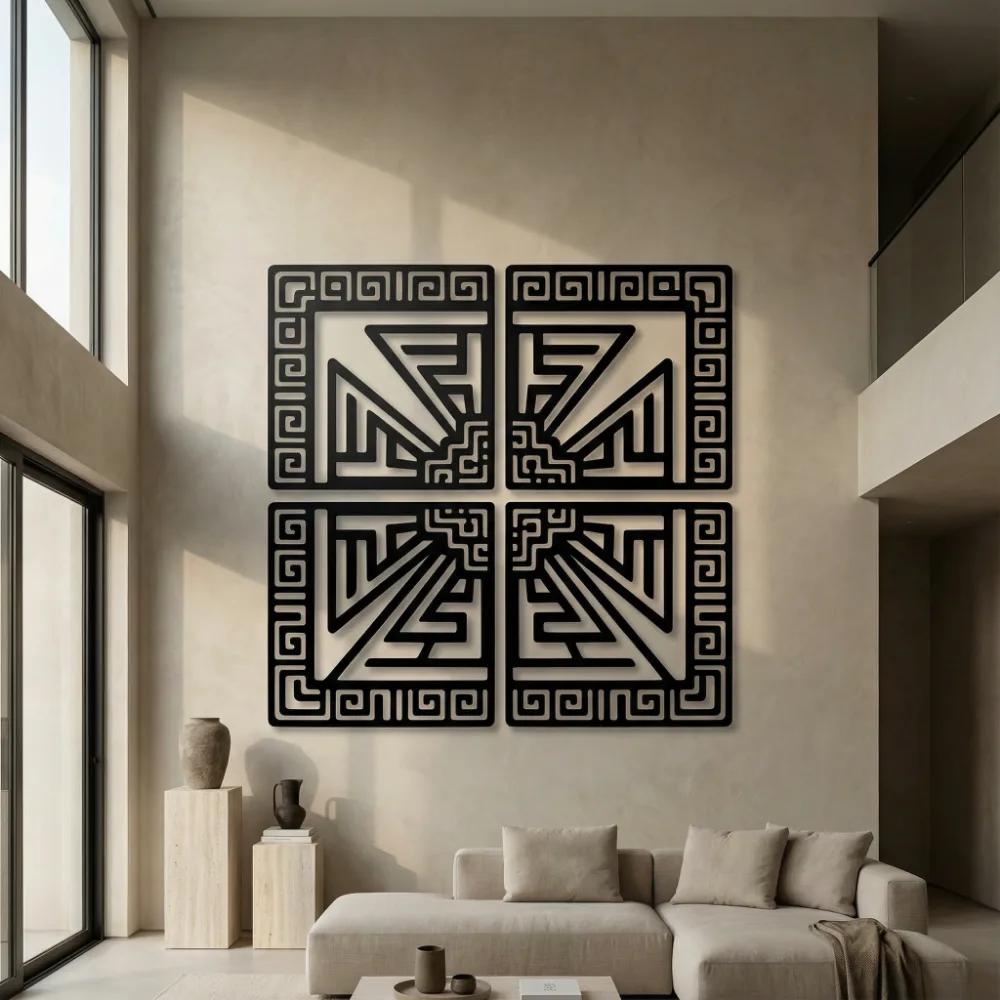 Geometric Metal Wall Art – Aztec Labyrinth, Modern Living Room Decor — 3
