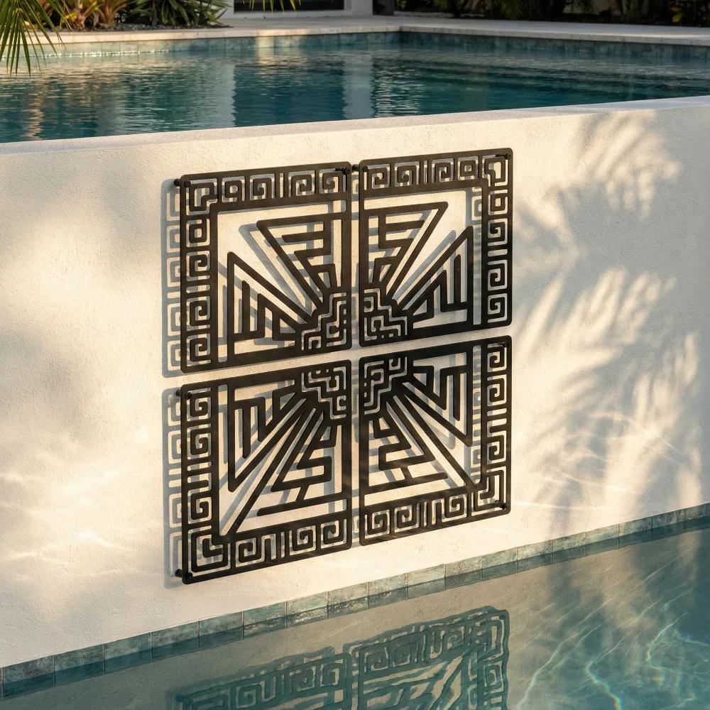 Geometric Metal Wall Art – Aztec Labyrinth, Modern Living Room Decor — 6