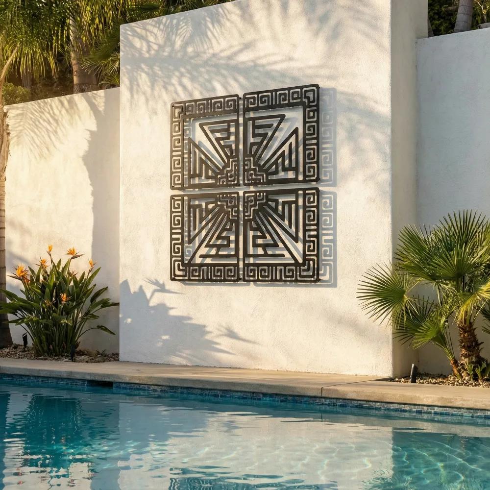 Geometric Metal Wall Art – Aztec Labyrinth, Modern Living Room Decor
