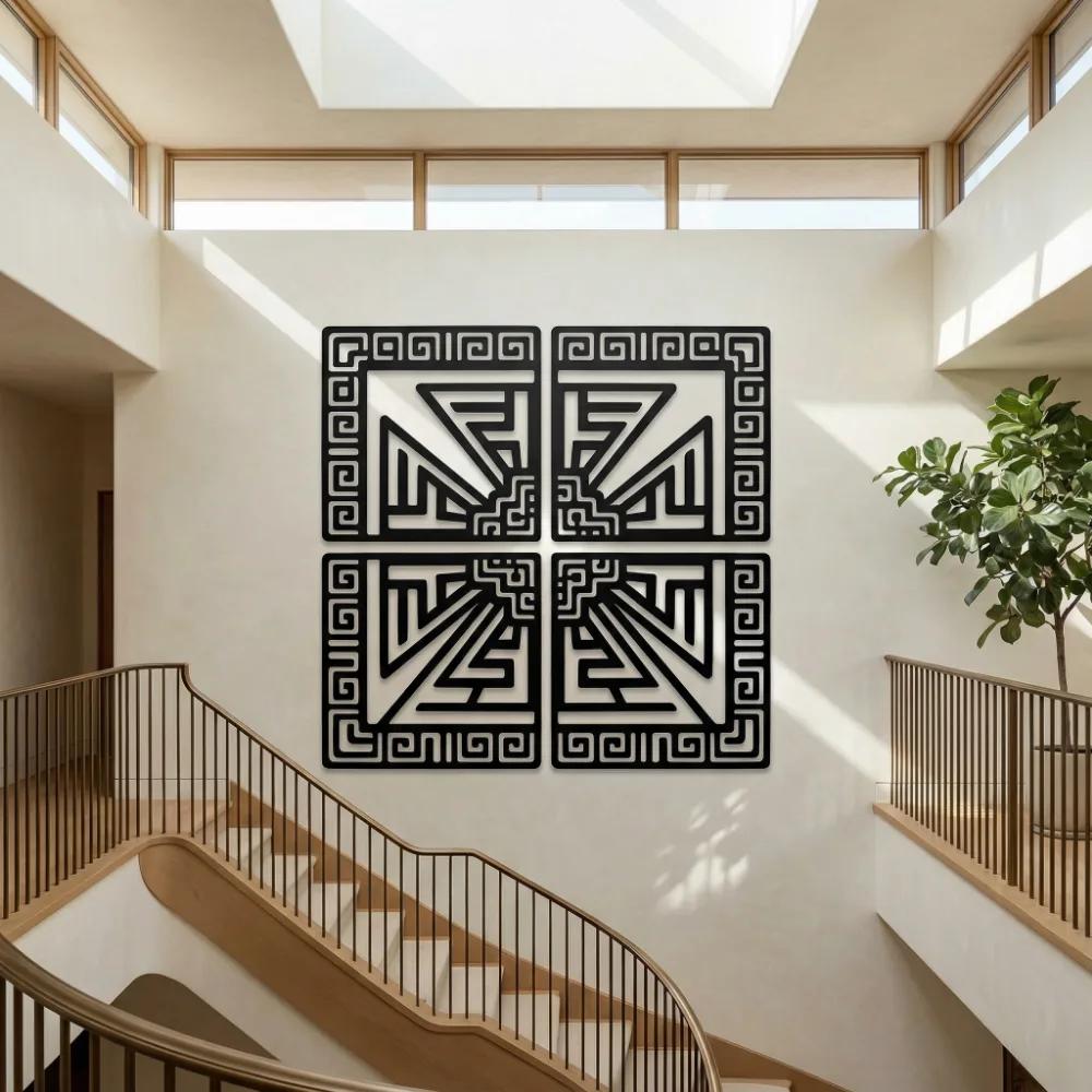 Geometric Metal Wall Art – Aztec Labyrinth, Modern Living Room Decor — 8