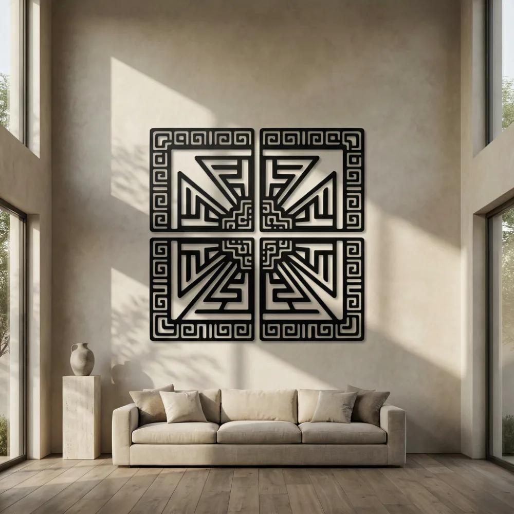 Geometric Metal Wall Art – Aztec Labyrinth, Modern Living Room Decor — 9
