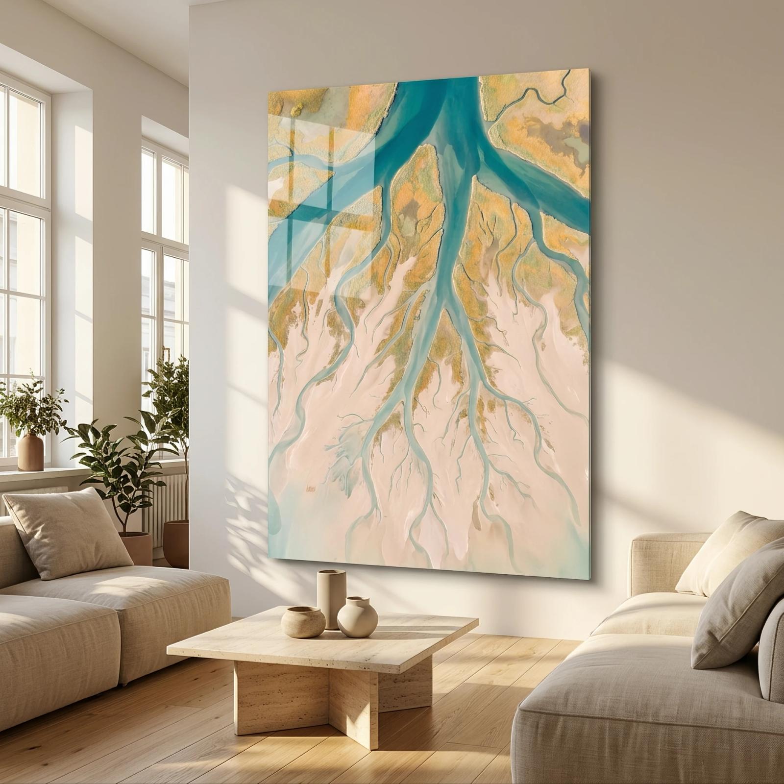 Aerial River Delta Turquoise Coastal Glass Wall Art