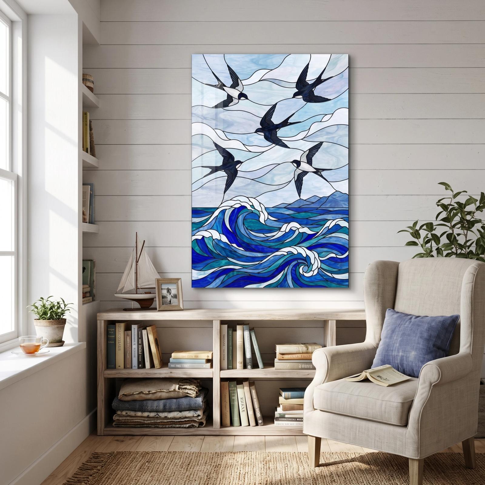 Coastal Swallows Ocean Wave Stained Glass Style Glass Wall Art