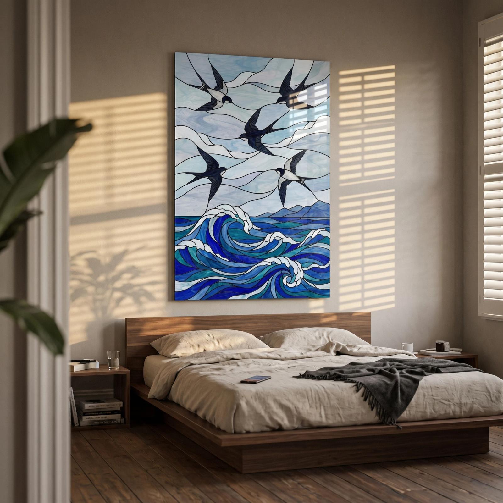 Coastal Swallows Ocean Wave Stained Glass Style Glass Wall Art — 2