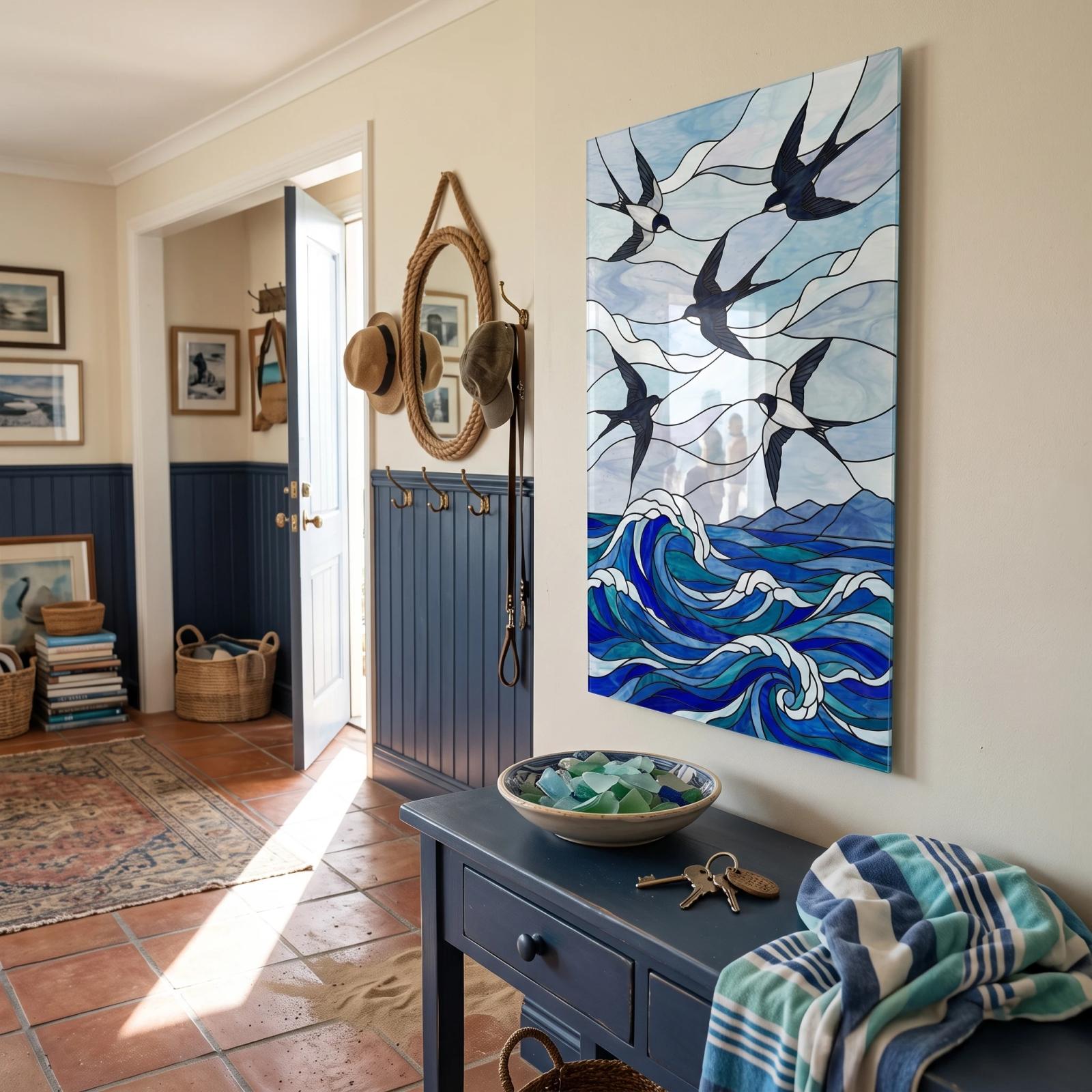 Coastal Swallows Ocean Wave Stained Glass Style Glass Wall Art — 3