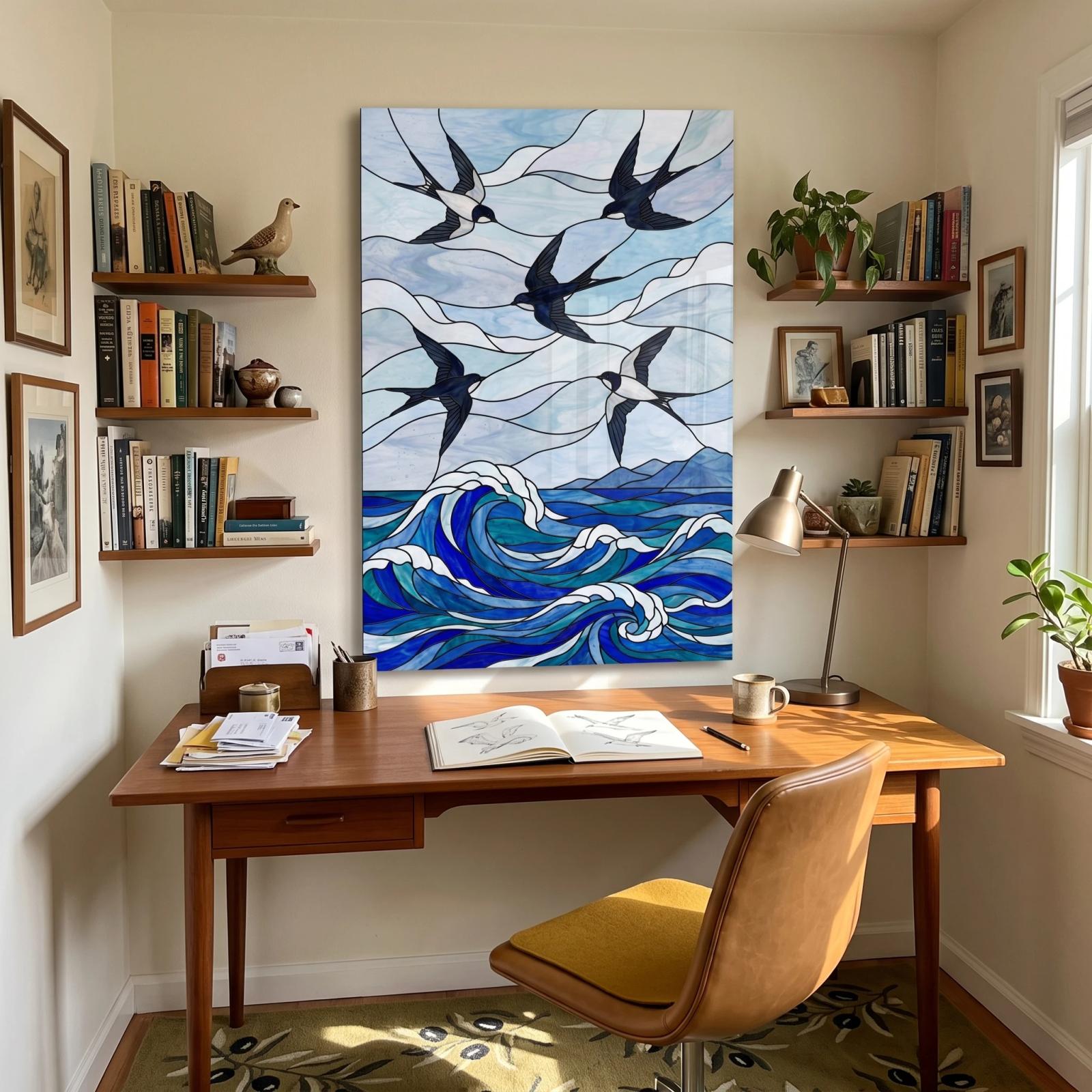 Coastal Swallows Ocean Wave Stained Glass Style Glass Wall Art — 4