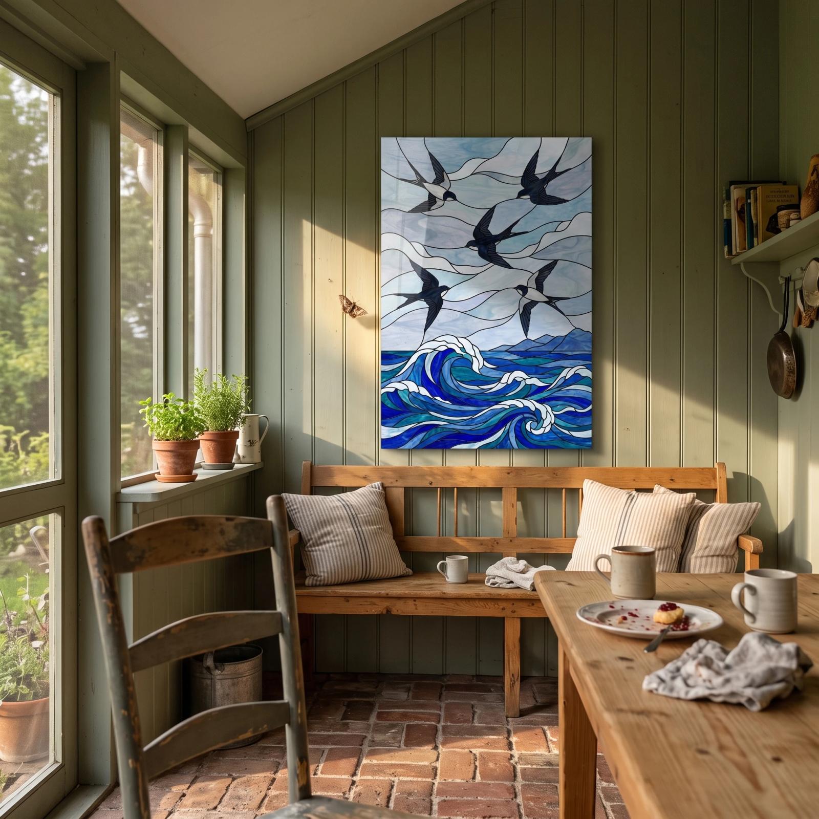 Coastal Swallows Ocean Wave Stained Glass Style Glass Wall Art — 5