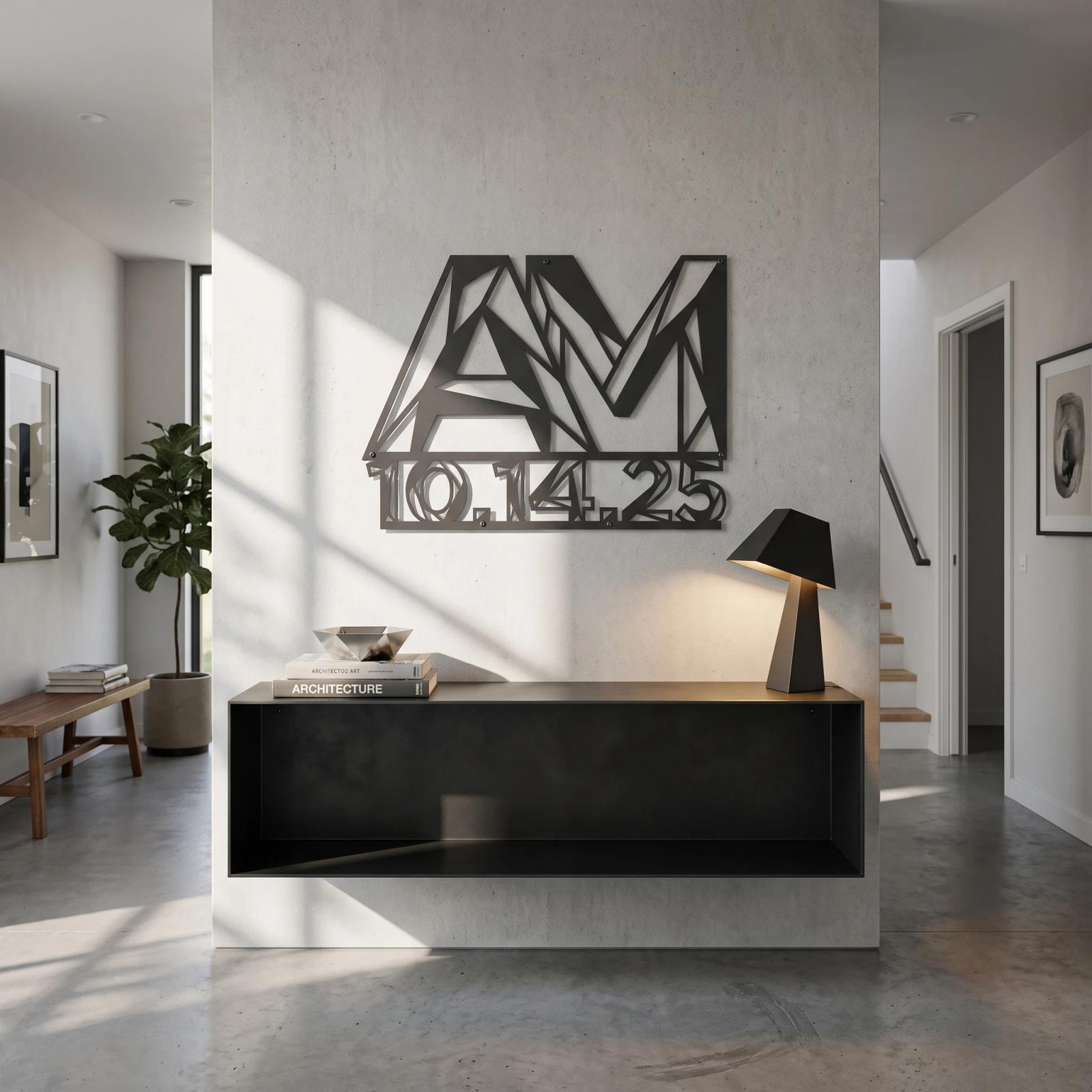 Custom Geometric Initials Metal Wall Art – Fractured Date, Modern Anniversary Decor