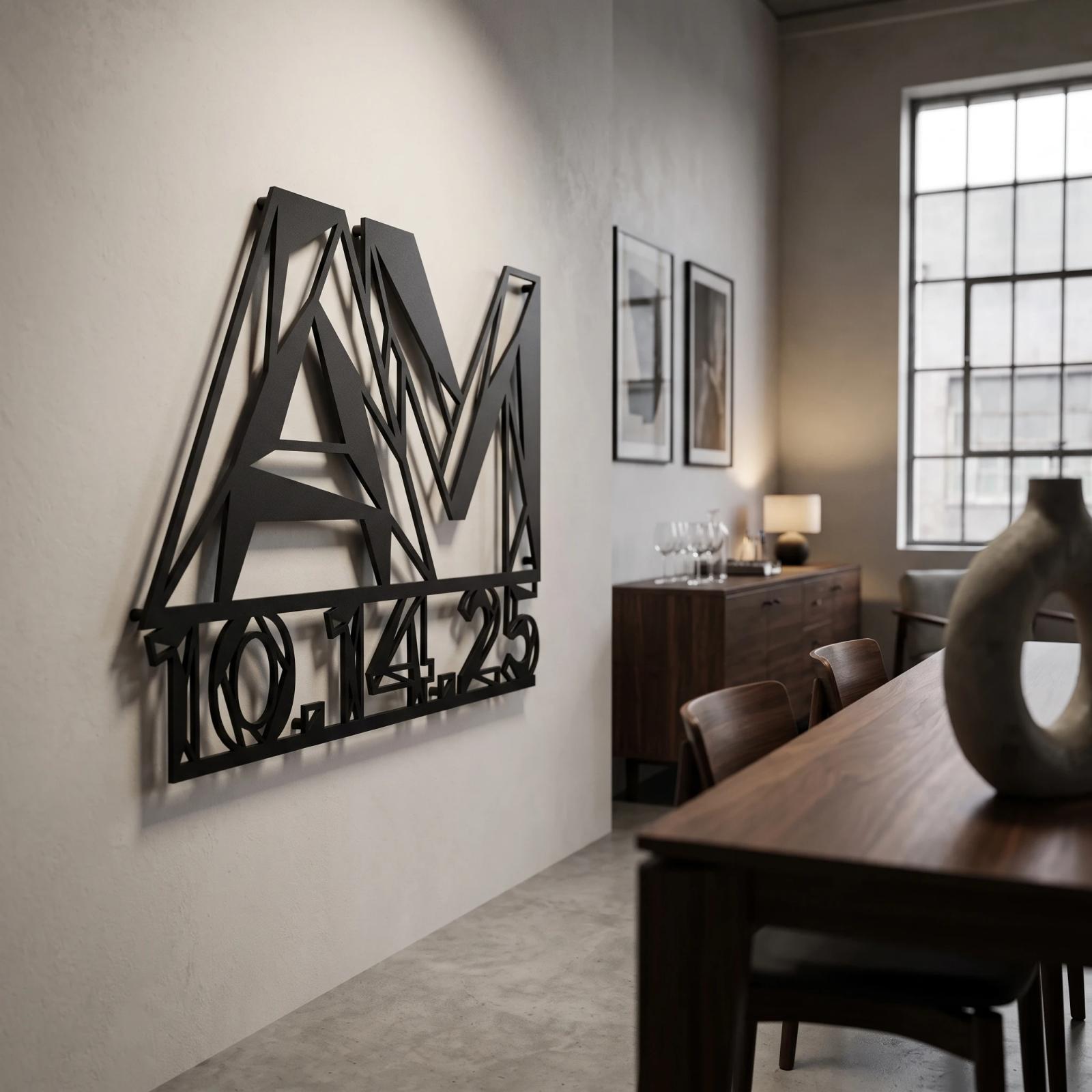 Custom Geometric Initials Metal Wall Art – Fractured Date, Modern Anniversary Decor — 7