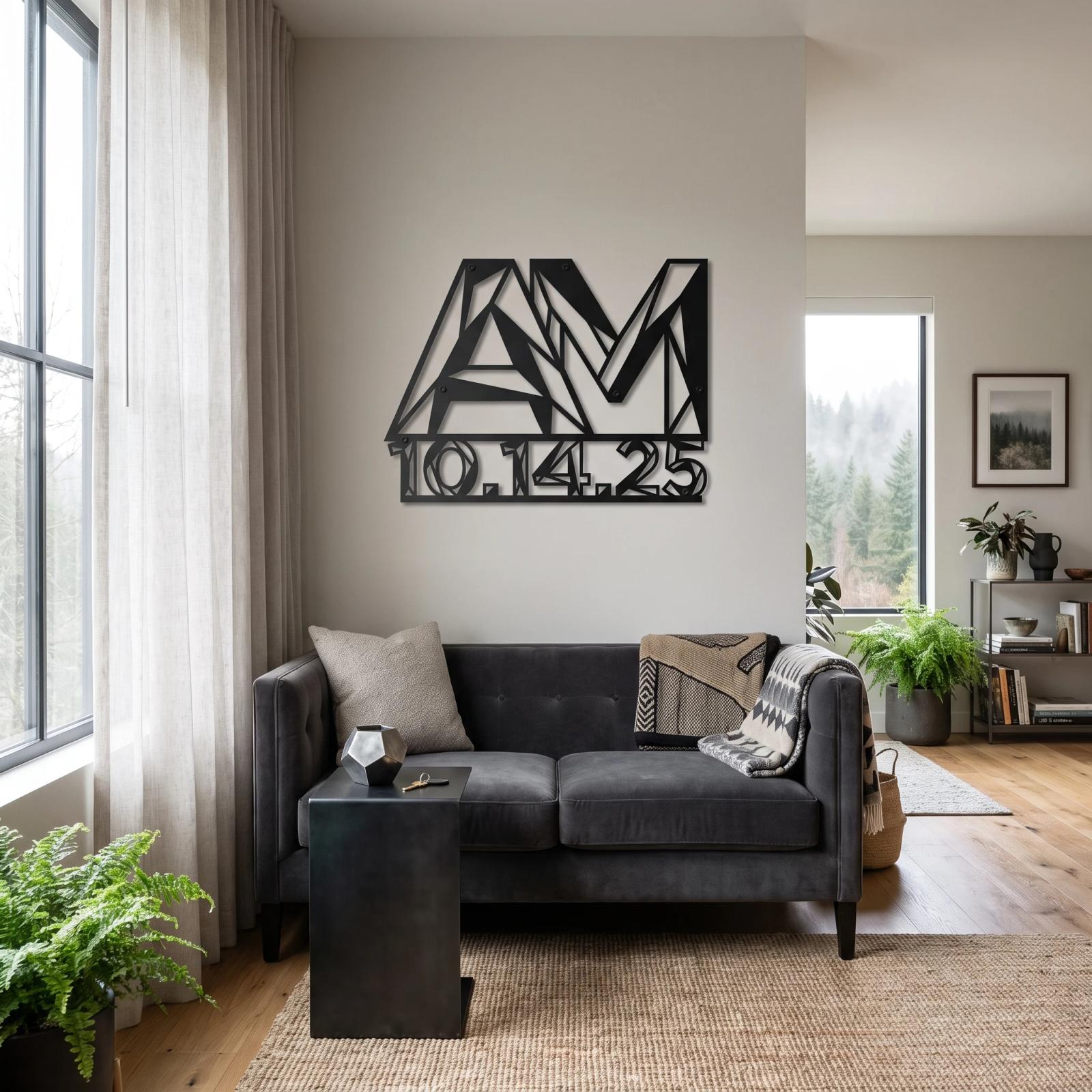 Custom Geometric Initials Metal Wall Art – Fractured Date, Modern Anniversary Decor — 8