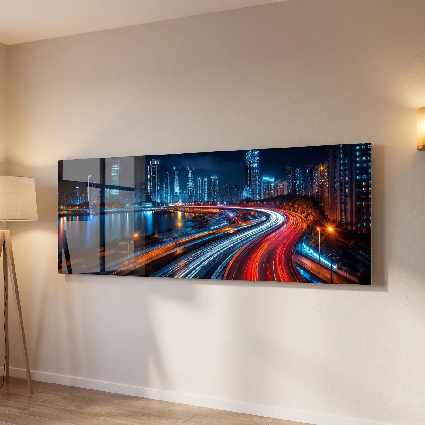 City Skyline Wall Art Night Traffic Light Trails | Glass Wall Art