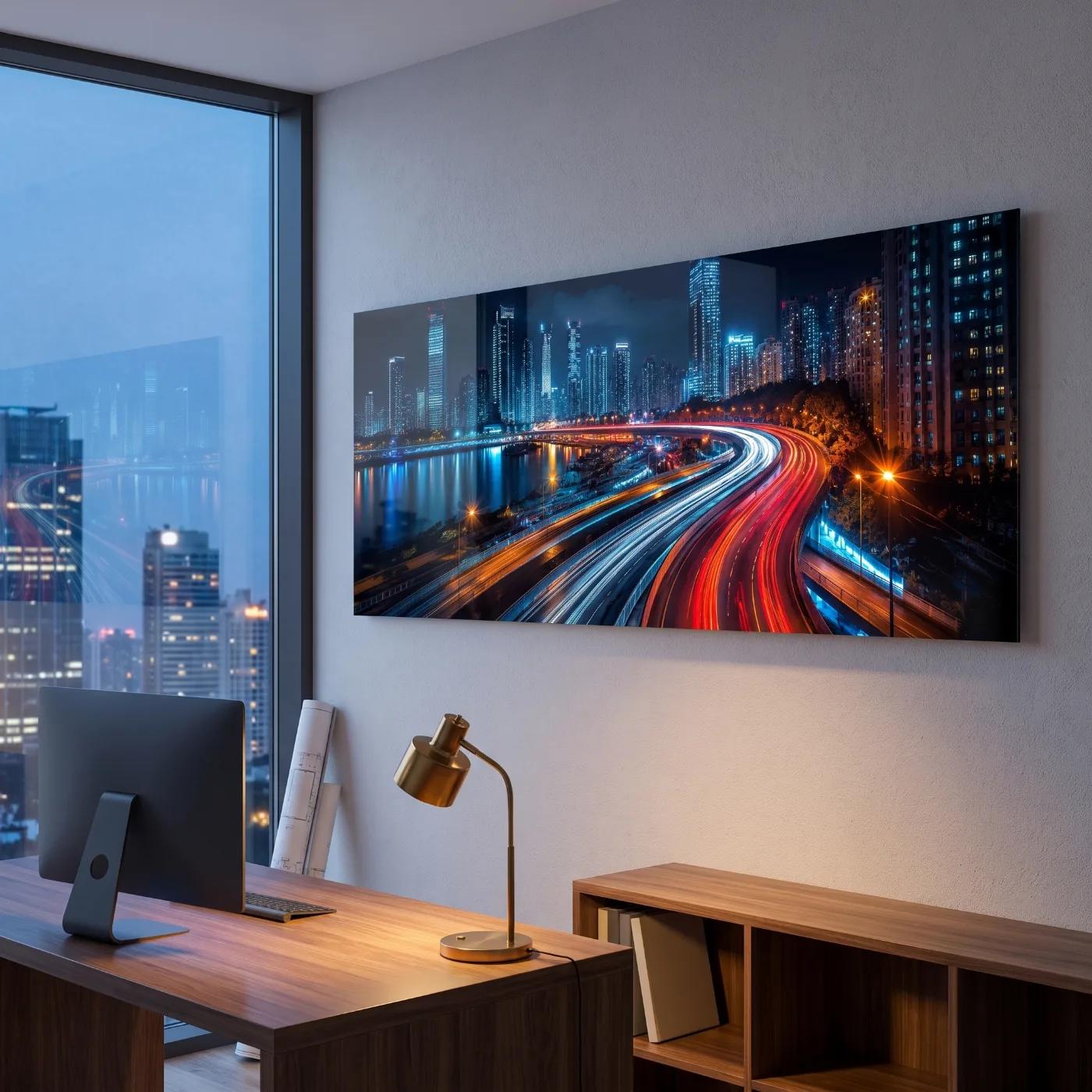 City Skyline Wall Art Night Traffic Light Trails | Glass Wall Art — 2
