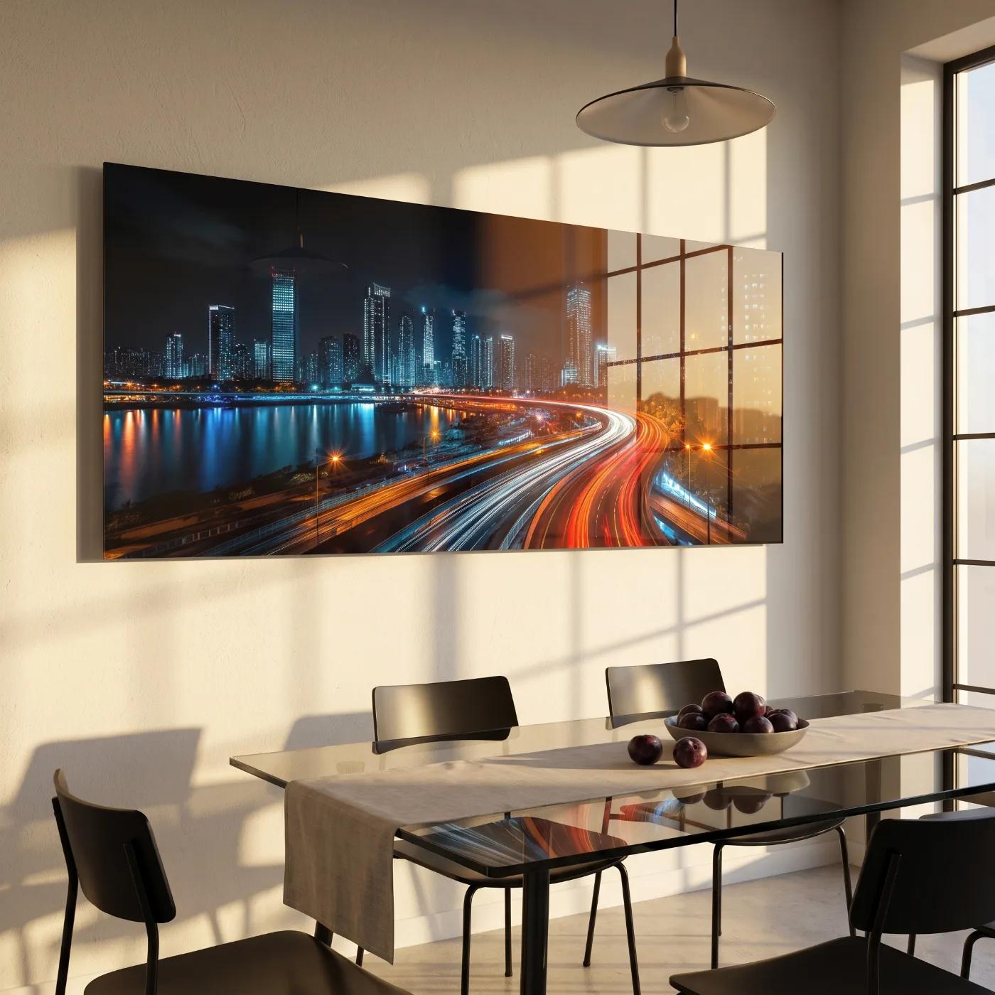 City Skyline Wall Art Night Traffic Light Trails | Glass Wall Art — 4