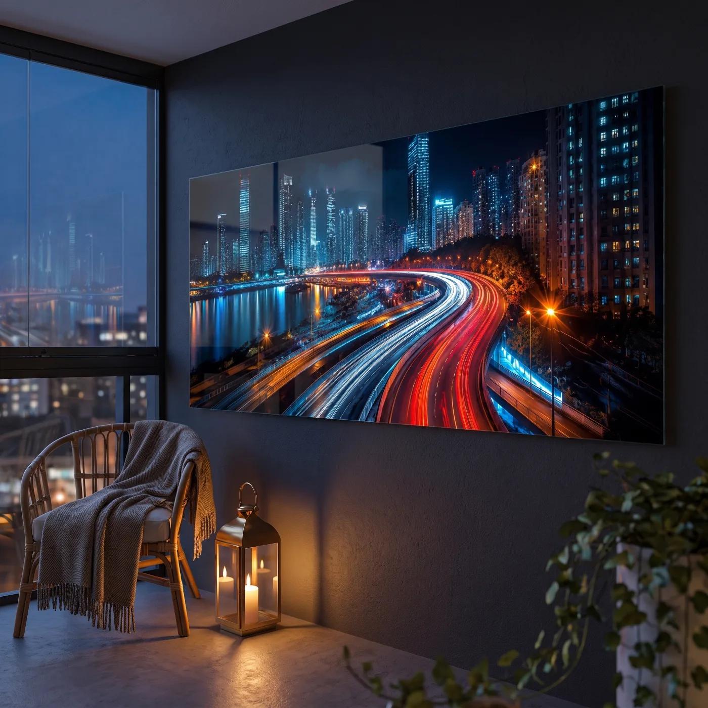 City Skyline Wall Art Night Traffic Light Trails | Glass Wall Art — 5