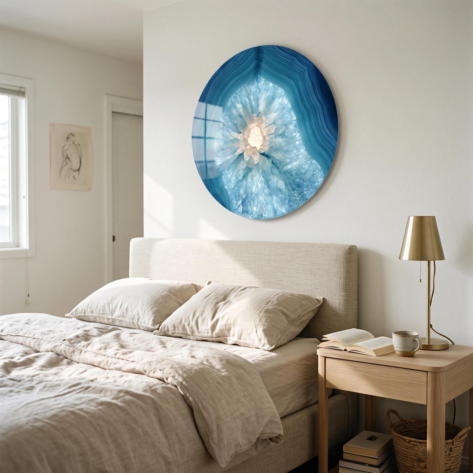 Blue Agate Geode Crystal Circle Glass Wall Art