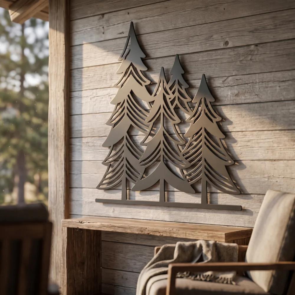 Pine Tree Metal Wall Art – Silent Timberline, Rustic Cabin Living Room Decor