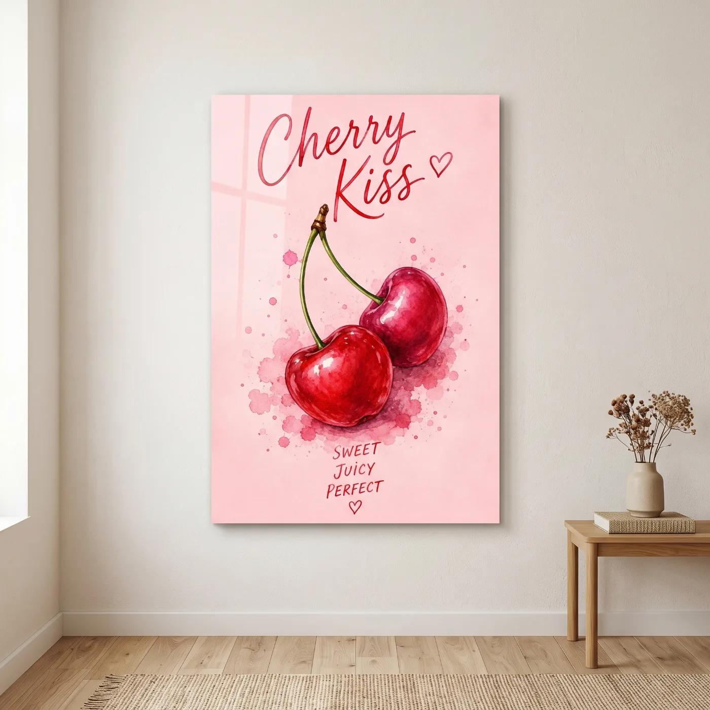 Cherry Watercolor Wall Art Romantic Kitchen Decor | Glass Wall Art
