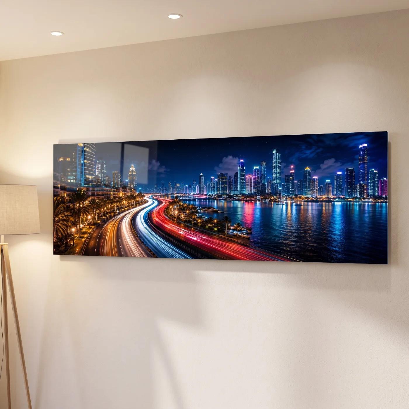 City Skyline Light Trails Waterfront Night Glass Wall Art