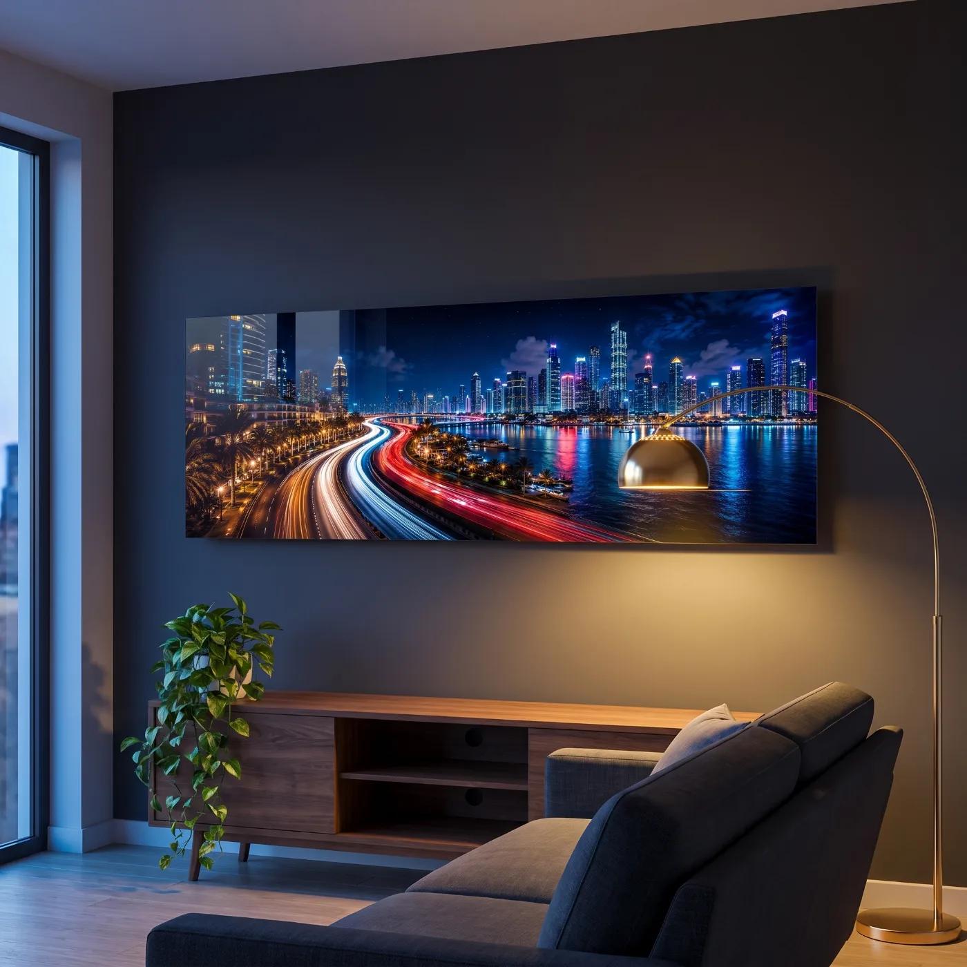 City Skyline Light Trails Waterfront Night Glass Wall Art — 2