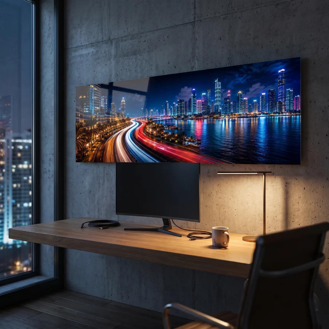 City Skyline Light Trails Waterfront Night Glass Wall Art — 3