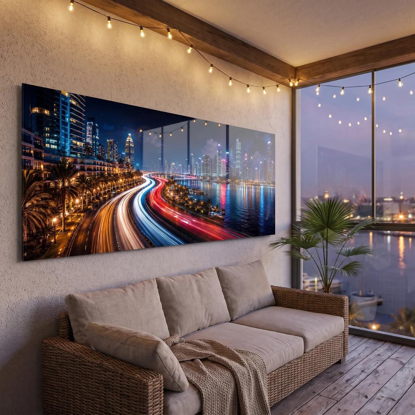 City Skyline Light Trails Waterfront Night Glass Wall Art — 4