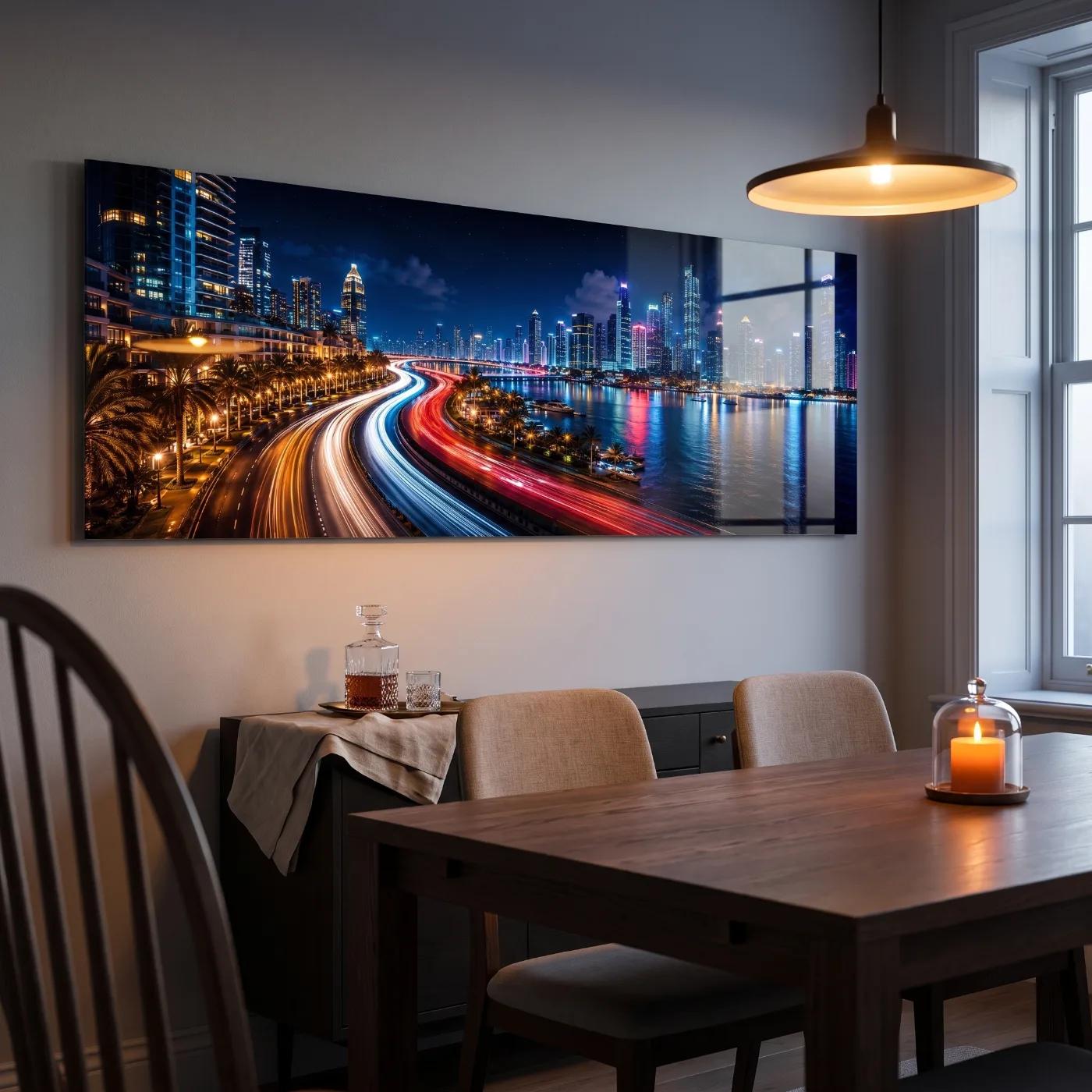 City Skyline Light Trails Waterfront Night Glass Wall Art — 5