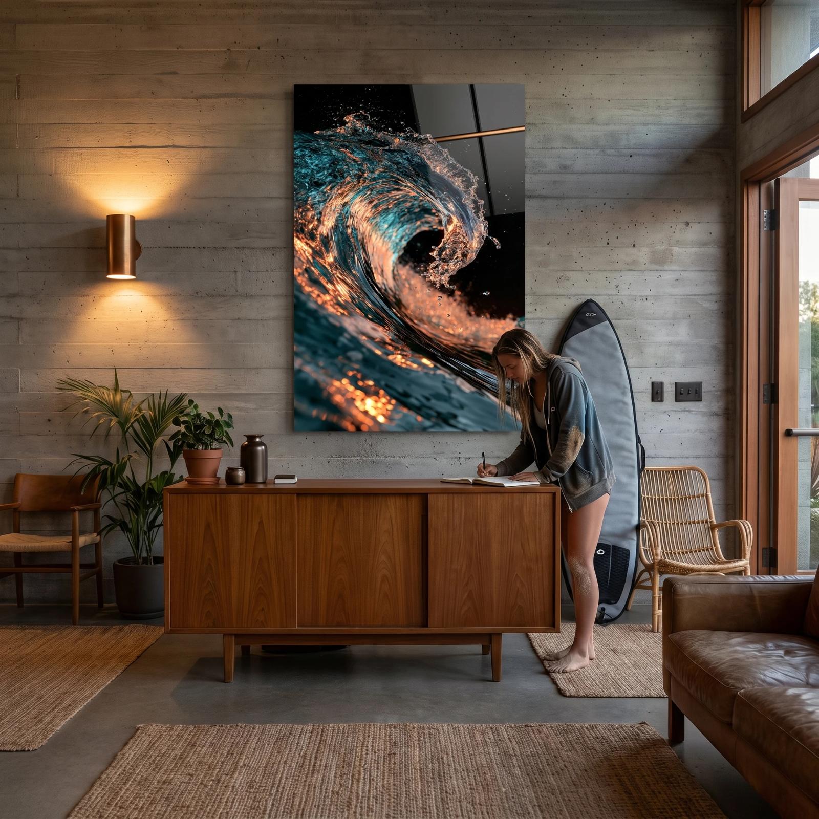 Ocean Wave Glass Wall Art Teal Copper Barrel | Glass Wall Decor — 3