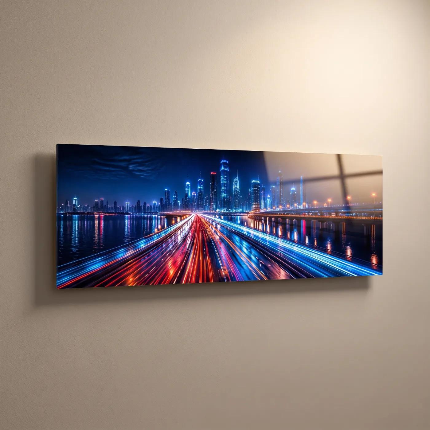 City Skyline Light Trails Night Cityscape Glass Wall Art