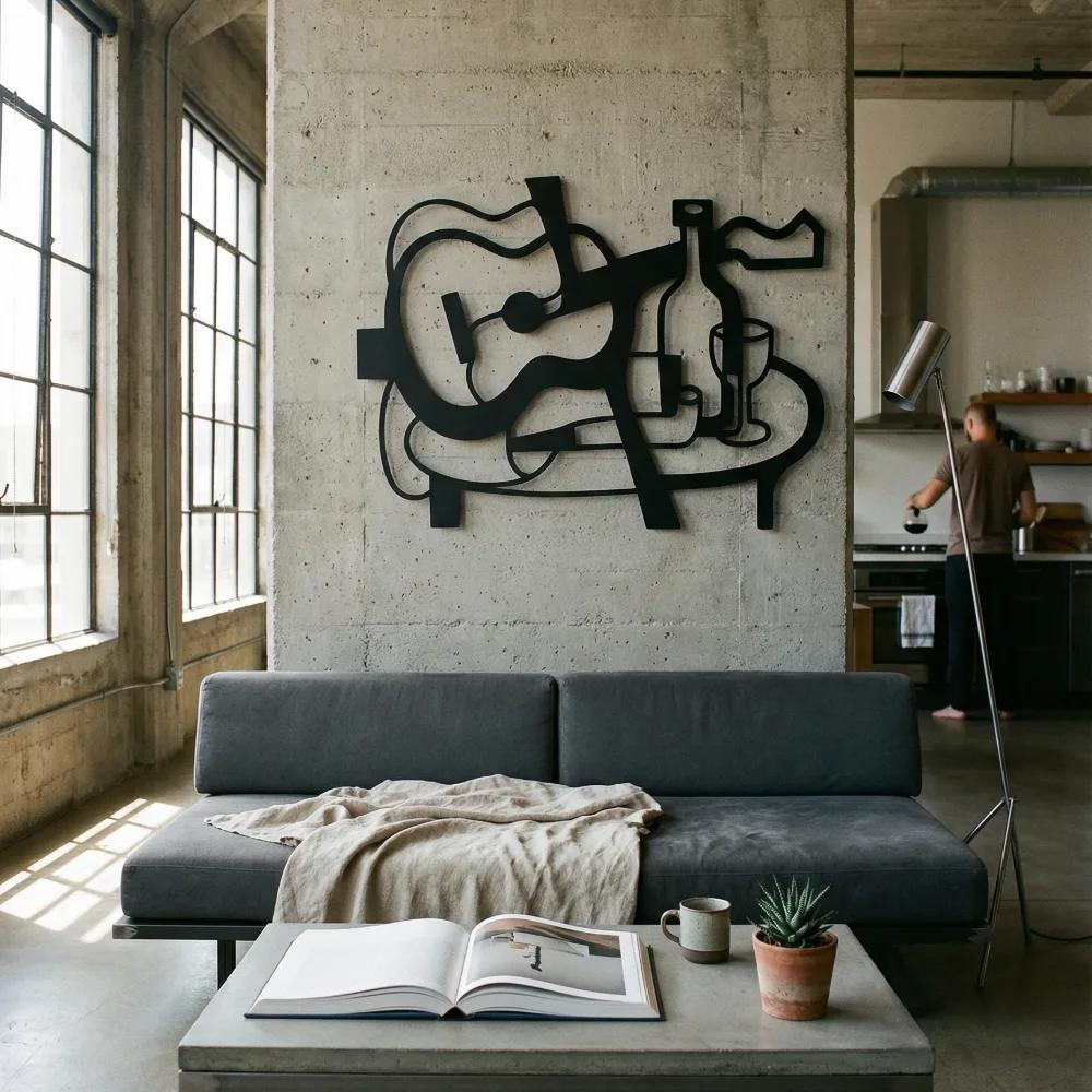 Abstract Guitar Metal Wall Art – Cubist Still Life, Living Room Music Decor