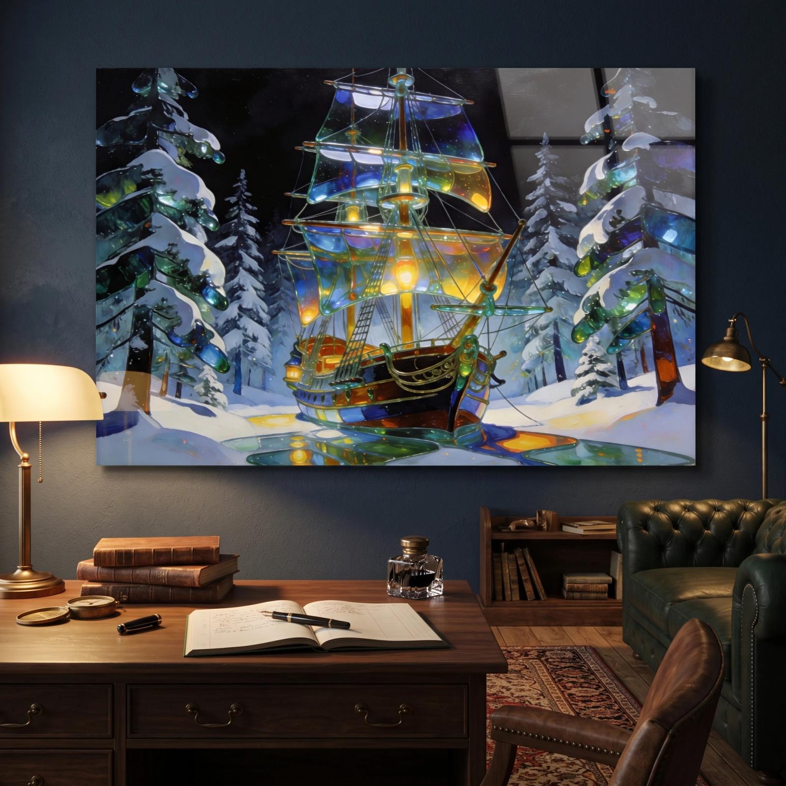 Stained Glass Ship Winter Forest Fantasy Glass Wall Art