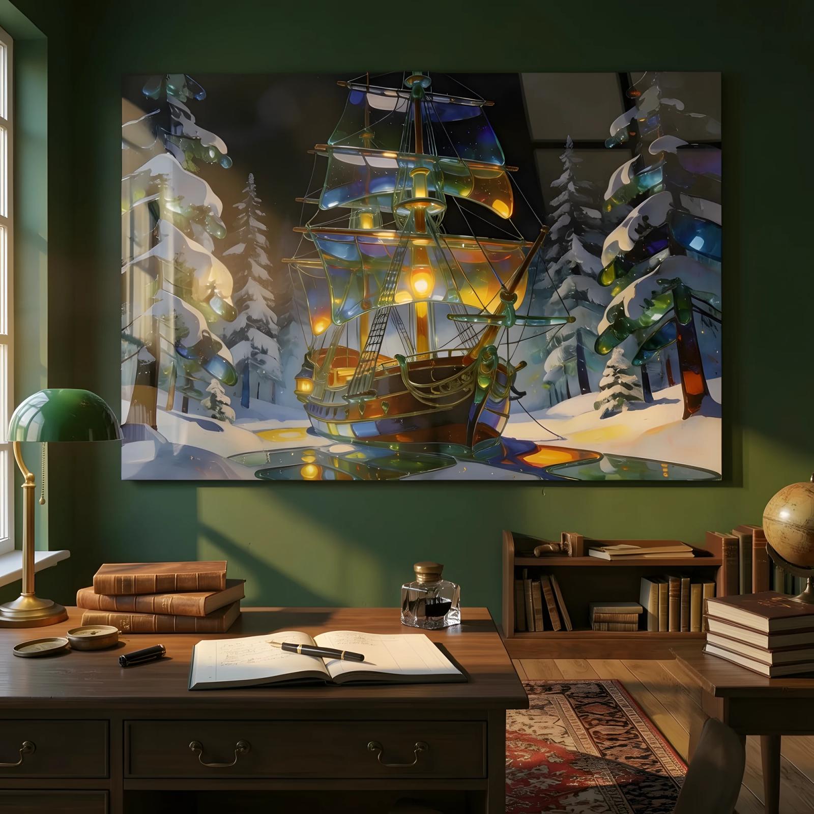 Stained Glass Ship Winter Forest Fantasy Glass Wall Art — 4