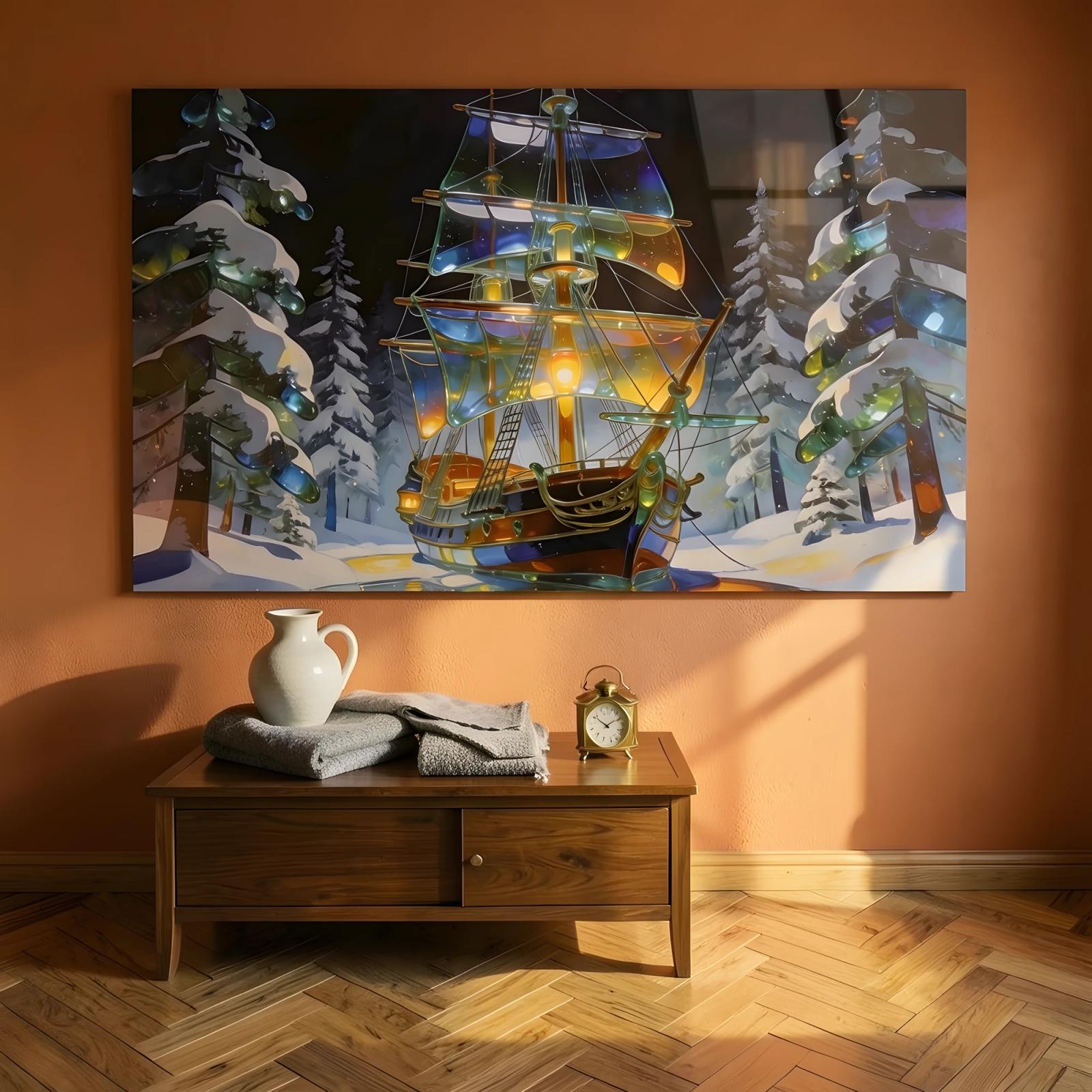Stained Glass Ship Winter Forest Fantasy Glass Wall Art — 5