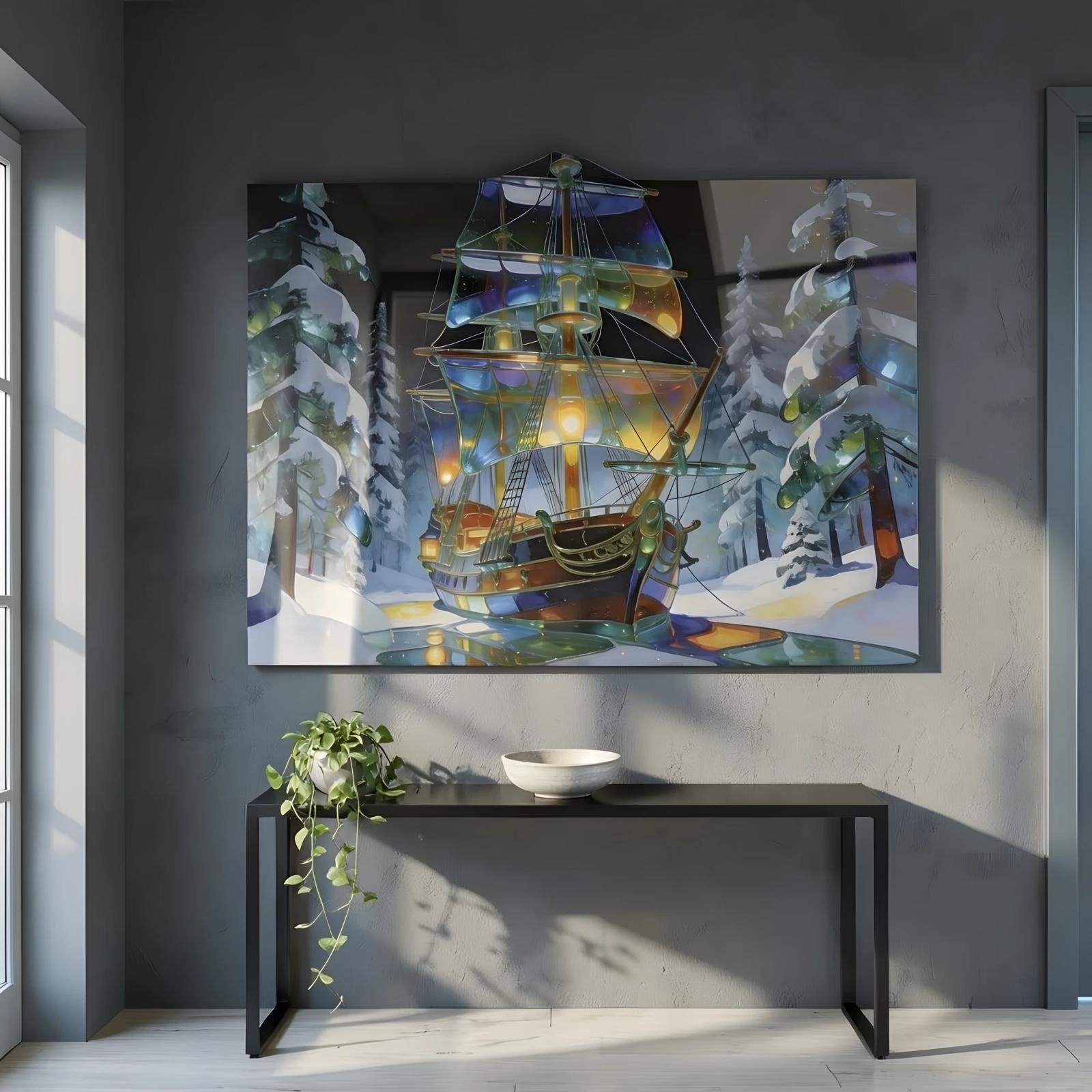 Stained Glass Ship Winter Forest Fantasy Glass Wall Art — 6