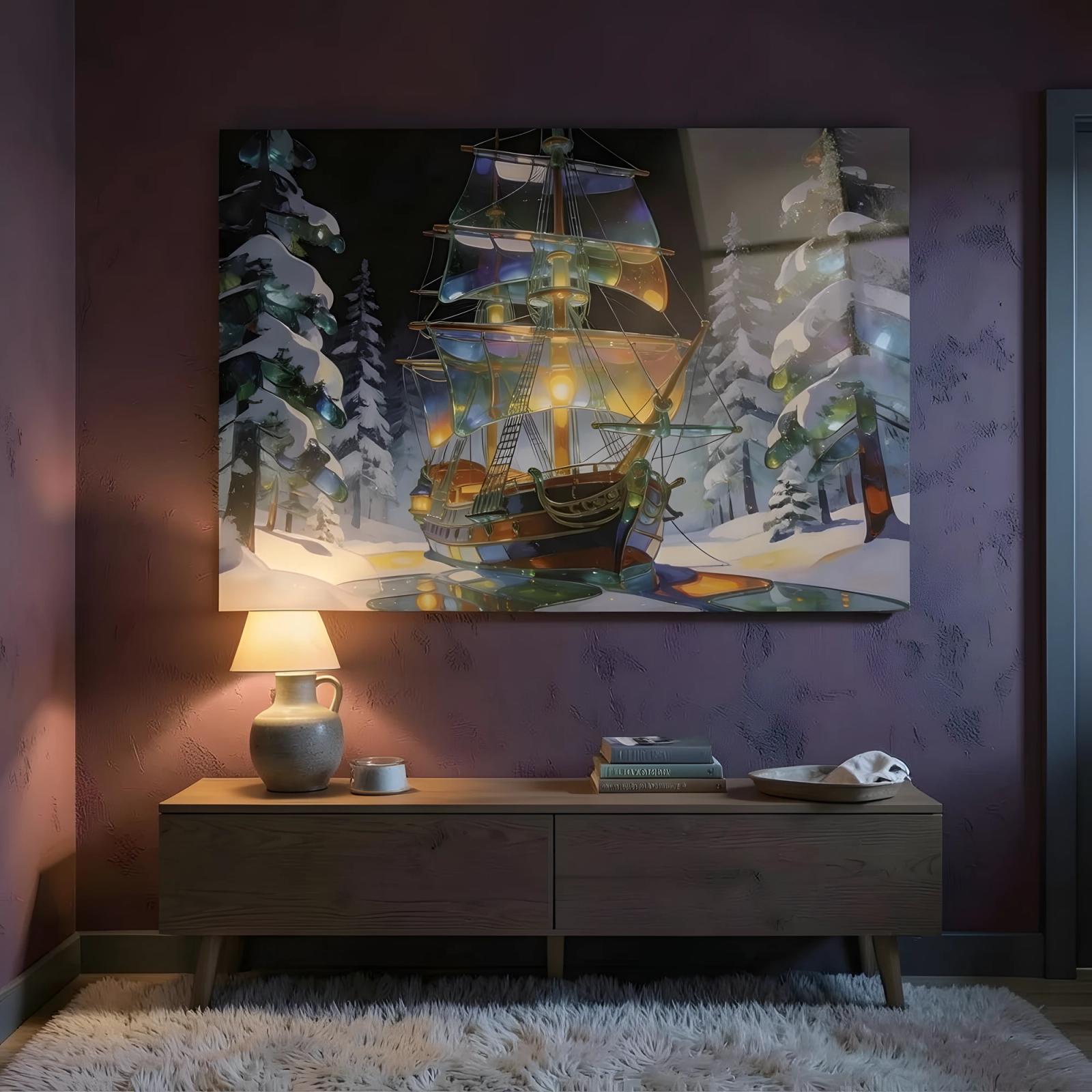Stained Glass Ship Winter Forest Fantasy Glass Wall Art — 7