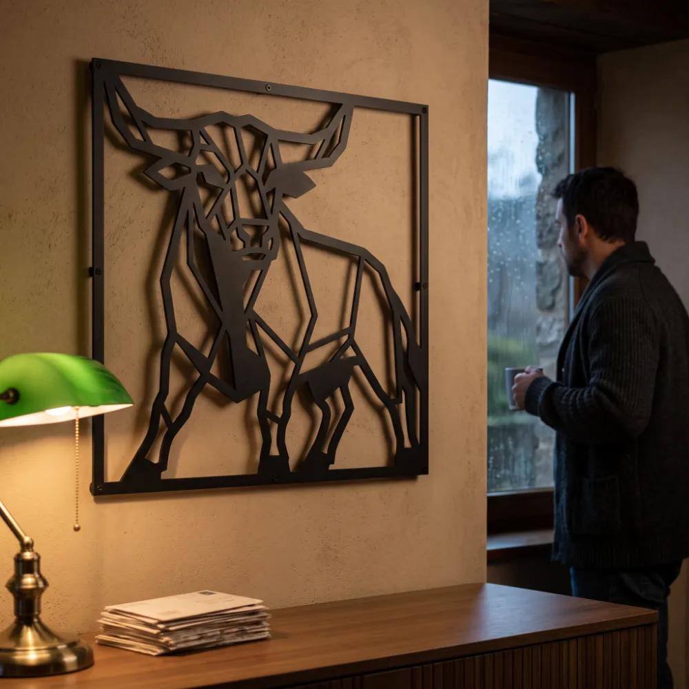 Geometric Bull Metal Wall Art – Stoic Bull, Rustic Living Room Decor