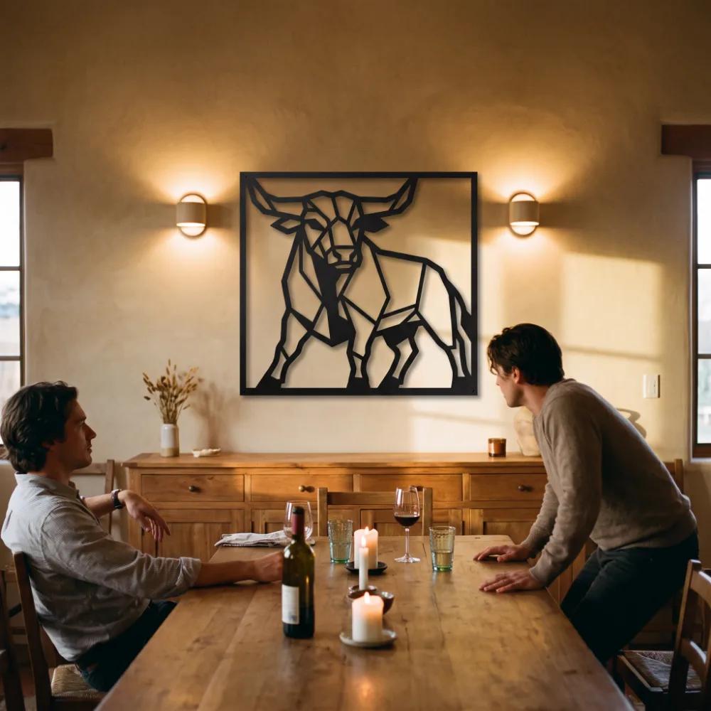 Geometric Bull Metal Wall Art – Stoic Bull, Rustic Living Room Decor — 5